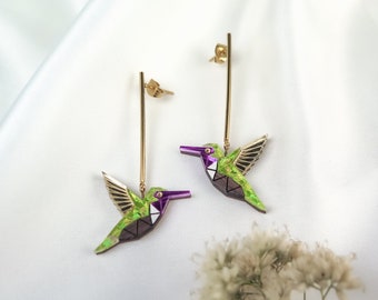 Little Anna's Hummingbird Drop Earrings from recycled exotic wood and colorful acrylic glass, cute little bird jewelry