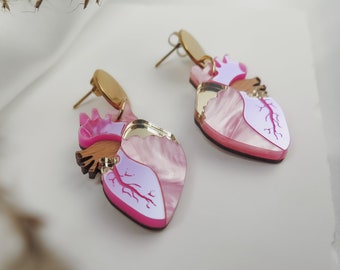 Pendientes anatómicos colgantes de corazón de vidrio acrílico rosa holográfico, regalo de San Valentín