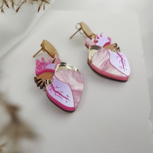 Anatomical Heart Drop Earrings from holographic pink acrylic glass, Valentine's day gift image 1