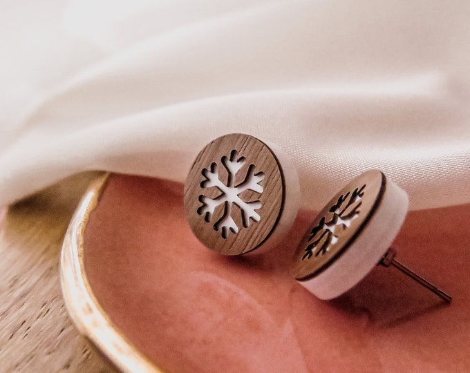 Featured listing image: Tiny Snowflake Stud Earrings from white acrylic glass and walnut veneer