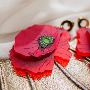 Statement Red Poppy Earrings laser cut from acrylic glass, large yet lightweight jewelry image 6