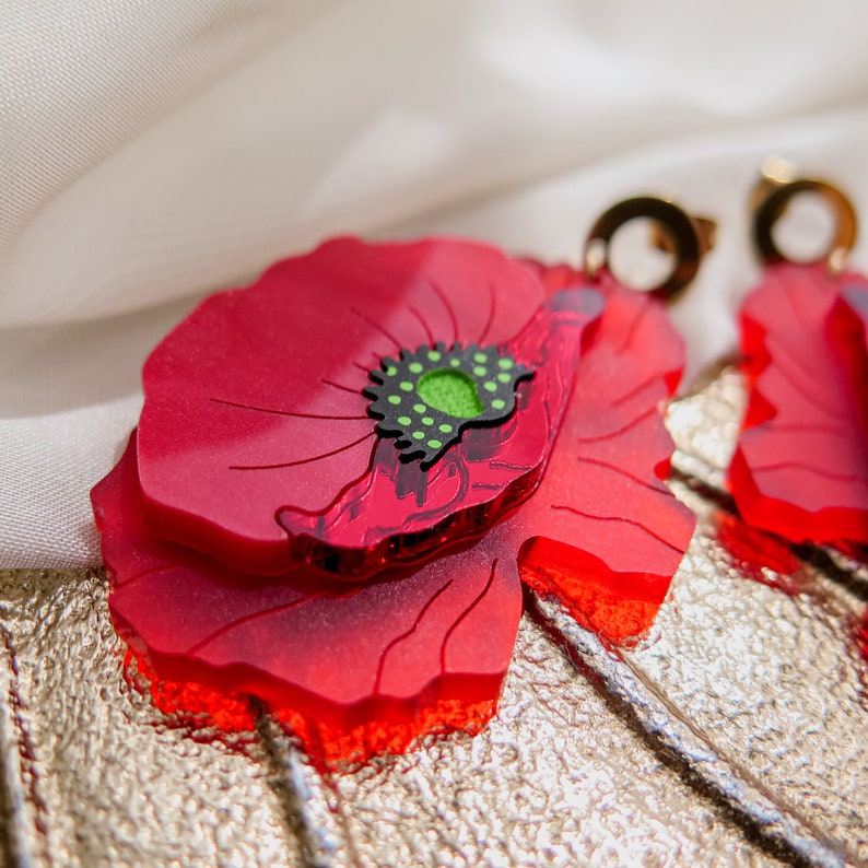 Statement Red Poppy Earrings laser cut from acrylic glass, large yet lightweight jewelry image 6