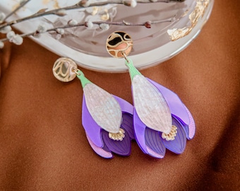 Purple Crocus Flower Earrings, laser cut from acrylic glass, large yet very lightweight