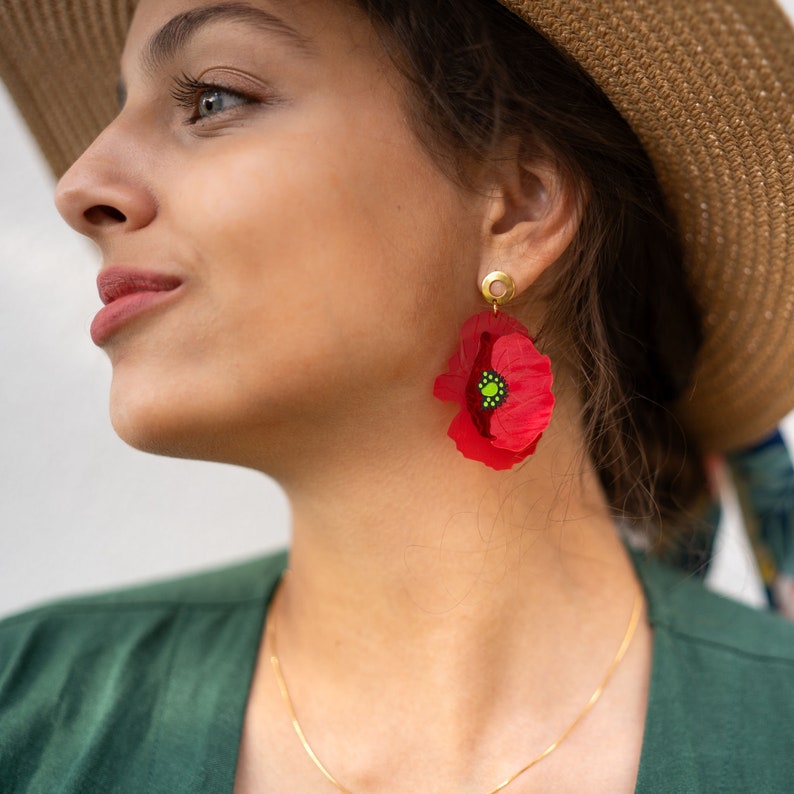 Statement Red Poppy Earrings laser cut from acrylic glass, large yet lightweight jewelry image 2