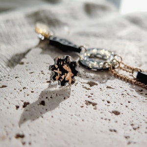 Mismatched Asymmetrical Earrings in Elegant Black and Gold, one long dangle earring and one stud image 4