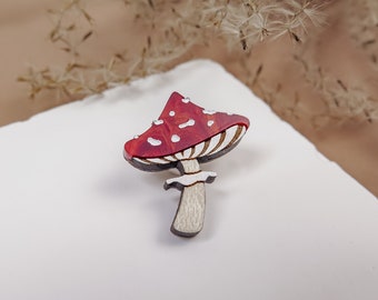 Fly Agaric Mushroom Lapel Pin from recycled exotic wood and acrylic glass, cute little jacket pin