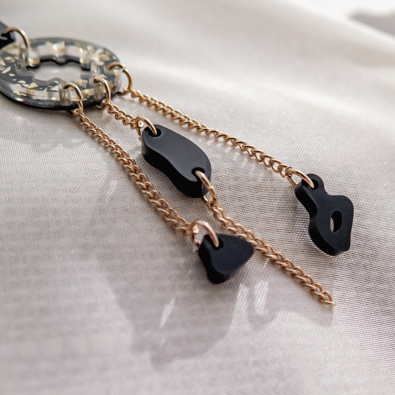 Mismatched Asymmetrical Earrings in Elegant Black and Gold, one long dangle earring and one stud image 5
