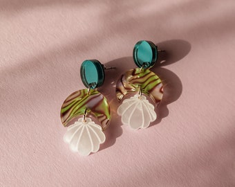 Turquoise Seashell Acrylic Earrings with Golden Shell Patterned Acrylic