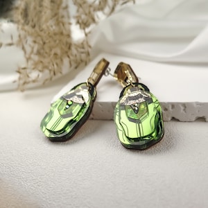 Green Rose Chafer Statement Earrings laser cut from mirror acrylic with tiny rainbow rhinestones image 3