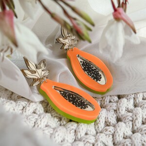 Vivid Acrylic Papaya Earrings in Neon Orange and Green With Gold Mirror ...