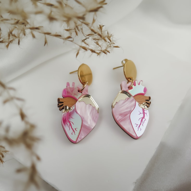 Anatomical Heart Drop Earrings from holographic pink acrylic glass, Valentine's day gift image 6