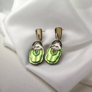 Green Rose Chafer Statement Earrings laser cut from mirror acrylic with tiny rainbow rhinestones image 1