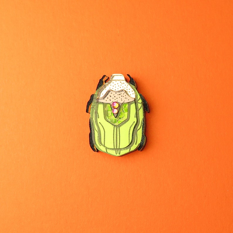 Shiny Green Rose Chafer Lapel Pin lasercut from acrylic glass, unisex fashion accessory image 5