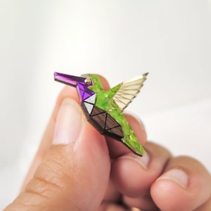 Hummingbird Lapel Pin from recycled exotic wood and colorful acrylic glass, cute little jacket badge image 2