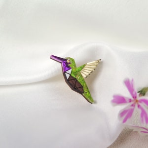 Hummingbird Lapel Pin from recycled exotic wood and colorful acrylic glass, cute little jacket badge image 3