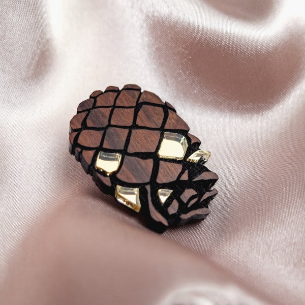 Pinecone Brooch from Recycled Wood with Gold Mirror Acrylic details