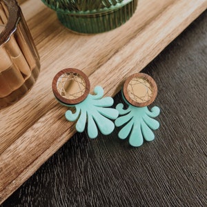 Royal Lily Earrings in Aqua and Gold with Recycled Wood, Fleur de lis symbol