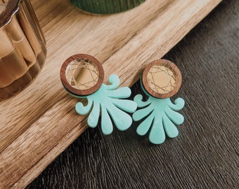 Royal Lily Earrings in Aqua and Gold with Recycled Wood, Fleur de lis symbol