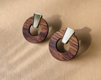 Minimalistic Circle Earrings laser cut from recycled exotic wood with small acrylic gold mirror detail