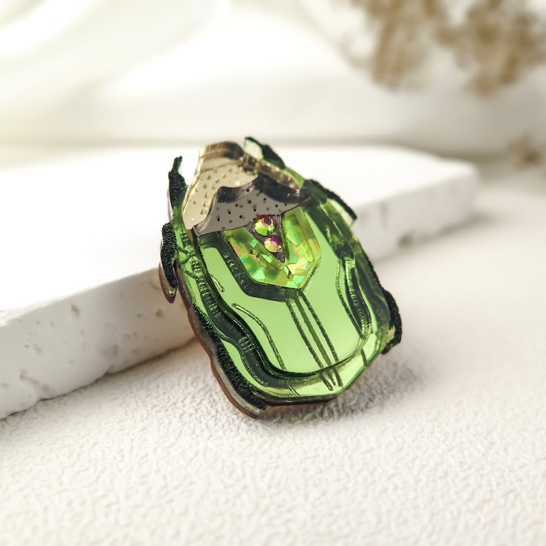 Shiny Green Rose Chafer Lapel Pin lasercut from acrylic glass, unisex fashion accessory image 2