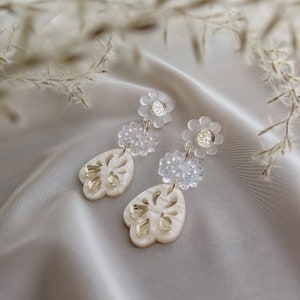 Bridal Earrings, Floral Acrylic Earrings in Boho Style, white marble and frosty acrylic with golden mirror