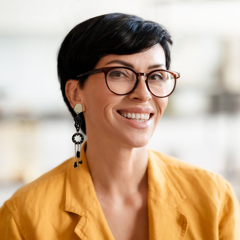 Mismatched Asymmetrical Earrings in Elegant Black and Gold, one long dangle earring and one stud image 2