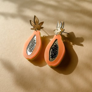 Vivid Acrylic Papaya Earrings in Neon Orange and Green With Gold Mirror ...