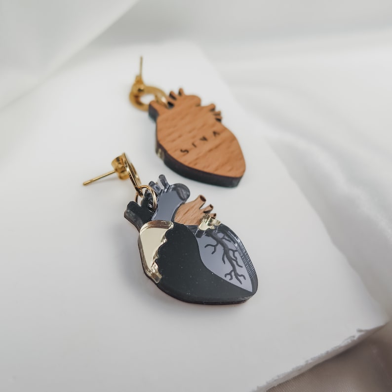 Anatomical Heart Drop Earrings from black and onyx acrylic glass with gold mirror highlights image 4