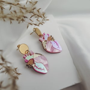 Anatomical Heart Drop Earrings from holographic pink acrylic glass, Valentine's day gift image 5