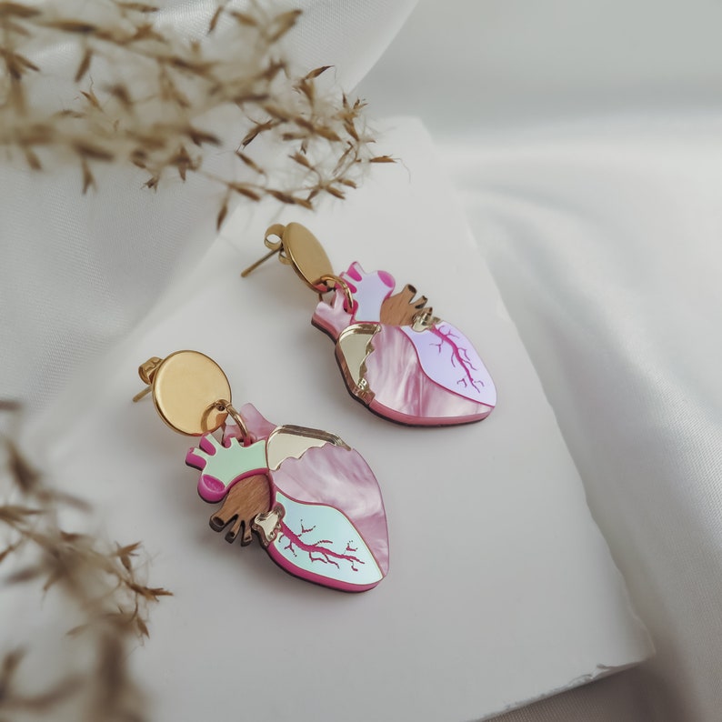 Anatomical Heart Drop Earrings from holographic pink acrylic glass, Valentine's day gift image 5