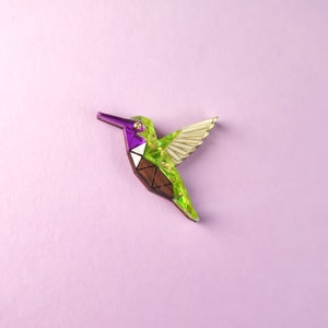 Hummingbird Lapel Pin from recycled exotic wood and colorful acrylic glass, cute little jacket badge image 1