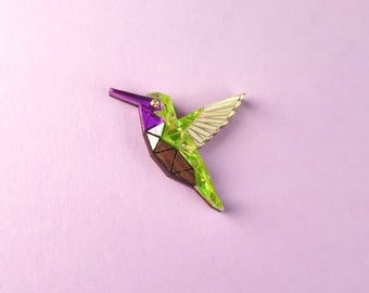 Hummingbird Lapel Pin from recycled exotic wood and colorful acrylic glass, cute little jacket badge