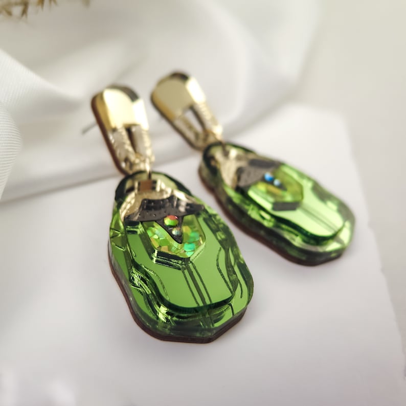 Green Rose Chafer Statement Earrings laser cut from mirror acrylic with tiny rainbow rhinestones image 4