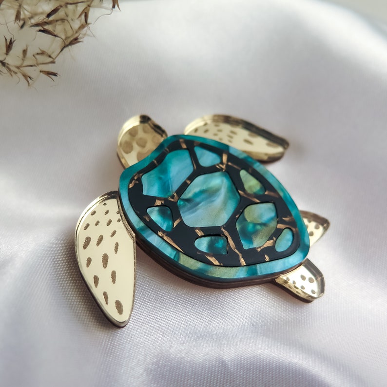 Elegant Turtle Brooch laser cut from gold mirror, turquoise and black patterned acrylic glass image 3