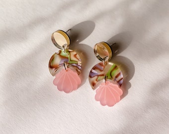 Pink Seashell Acrylic Earrings with Golden Shell Patterned Acrylic