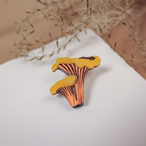 Chanterelle Mushroom Lapel Pin from recycled exotic wood and acrylic glass, cute little jacket pin