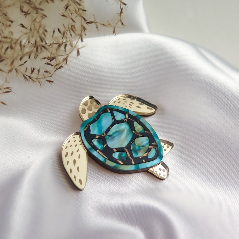 Elegant Turtle Brooch laser cut from gold mirror, turquoise and black patterned acrylic glass image 1