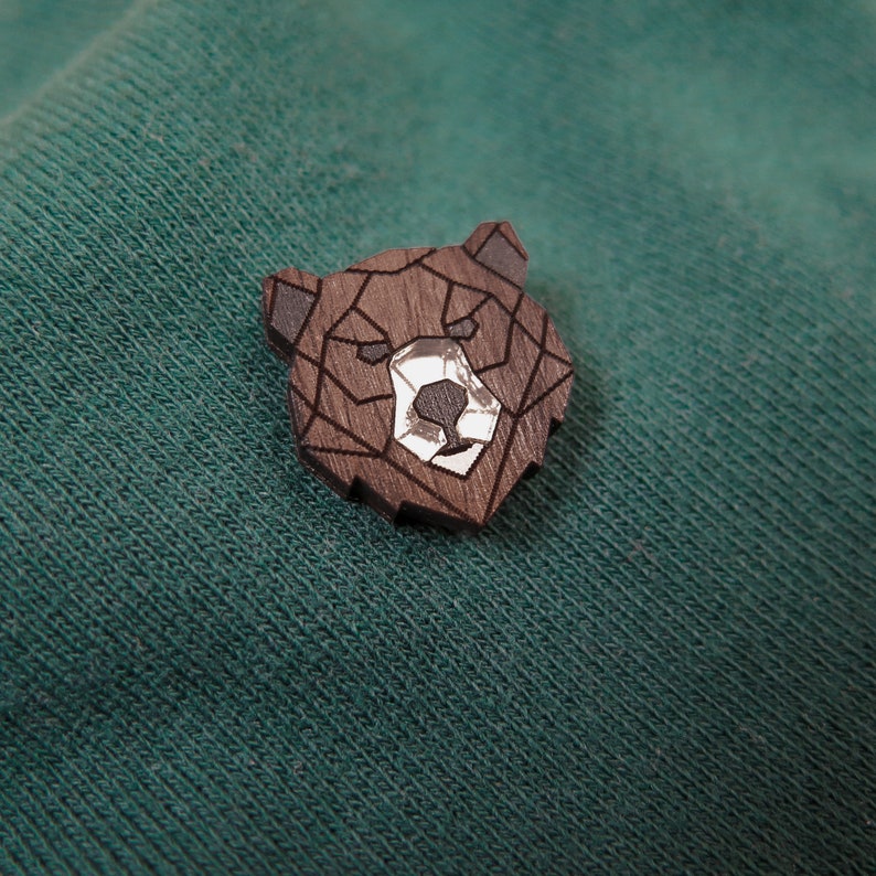 Bear Lapel Pin from recycled exotic wood and acrylic glass, cute little jacket pin image 2