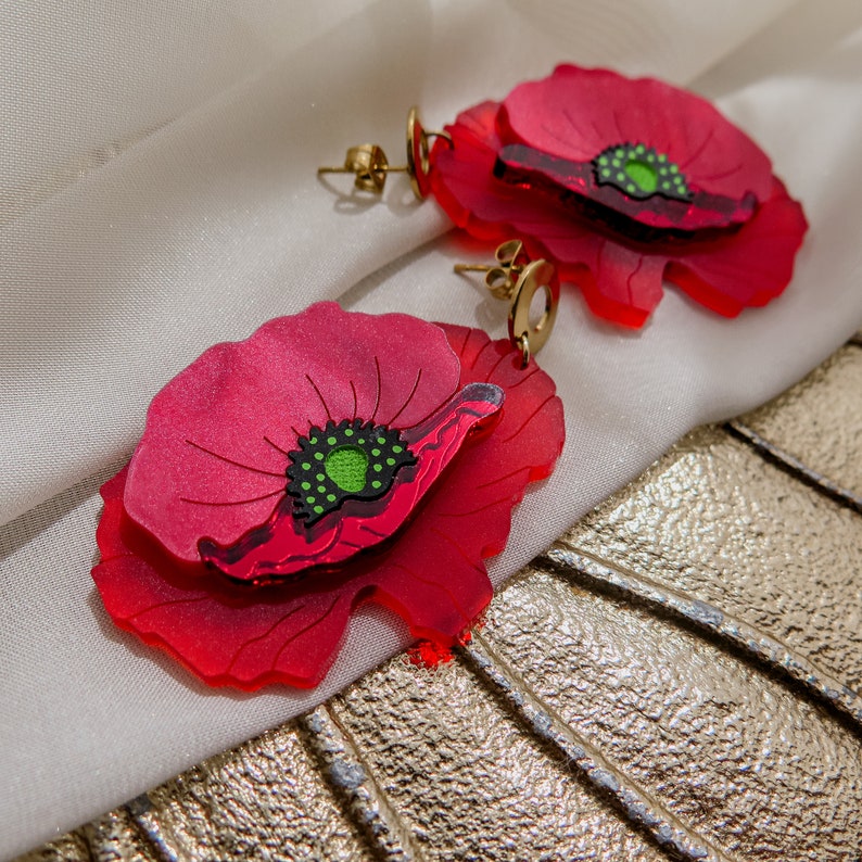 Statement Red Poppy Earrings laser cut from acrylic glass, large yet lightweight jewelry image 4