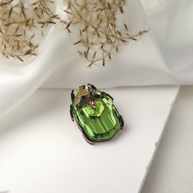 Shiny Green Rose Chafer Lapel Pin lasercut from acrylic glass, unisex fashion accessory image 4