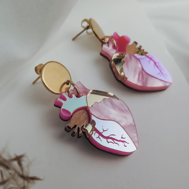 Anatomical Heart Drop Earrings from holographic pink acrylic glass, Valentine's day gift image 3