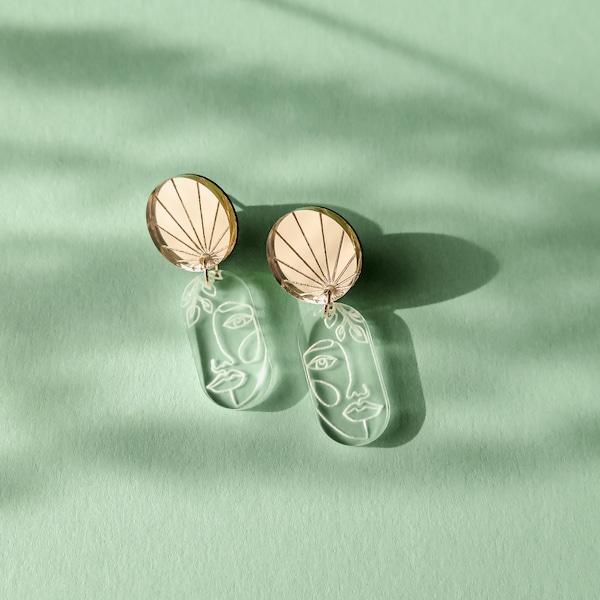 Minimalistic Acrylic Earrings with Face Line Illustration, sleek design