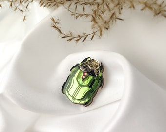 Shiny Green Rose Chafer Lapel Pin lasercut from acrylic glass, unisex fashion accessory