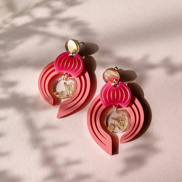 Bold Pink and Gold Abstract Flower Earrings from Acrylic