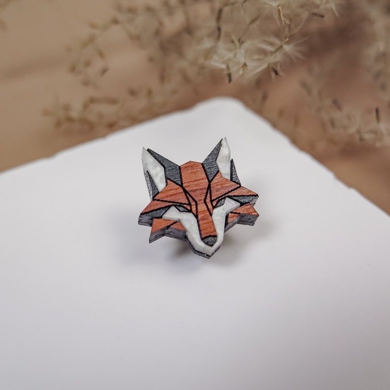 Fox Lapel Pin from recycled exotic wood and acrylic glass, cute little jacket pin image 1