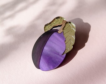 Elegant Acrylic Vivid Purple and Gold Plum Brooch