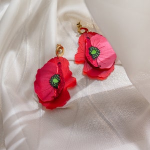 Statement Red Poppy Earrings laser cut from acrylic glass, large yet lightweight jewelry image 8