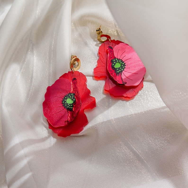 Statement Red Poppy Earrings laser cut from acrylic glass, large yet lightweight jewelry image 8