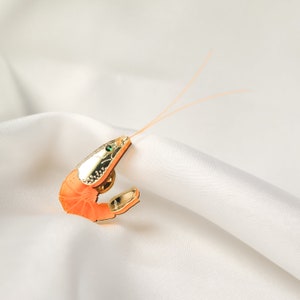 Neon Shrimp Lapel Pin with Sparky Emerald Rhinestone Eyes and Long Neon Orange Antennas, acrylic jacket badge image 4