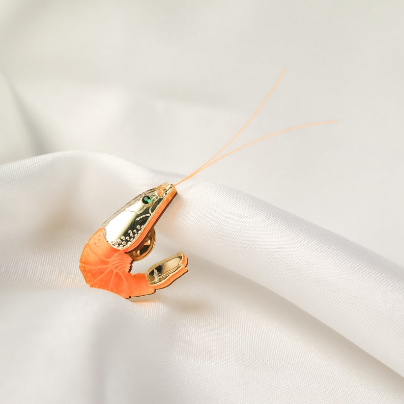 Neon Shrimp Lapel Pin with Sparky Emerald Rhinestone Eyes and Long Neon Orange Antennas, acrylic jacket badge image 4